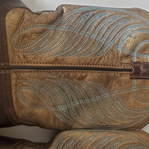 ARIAT ROUNDUP LEATHER WOMEN PULL ON COWBOY BOOT WIDE CALF. brown Gold Turquise. - Picture 8 of 16